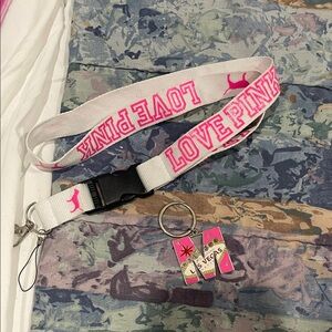 Pink and White Love Pink Lanyard and a M key chain